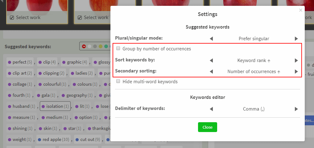 New options for sorting suggested keywords in ImStocker Keyworder service